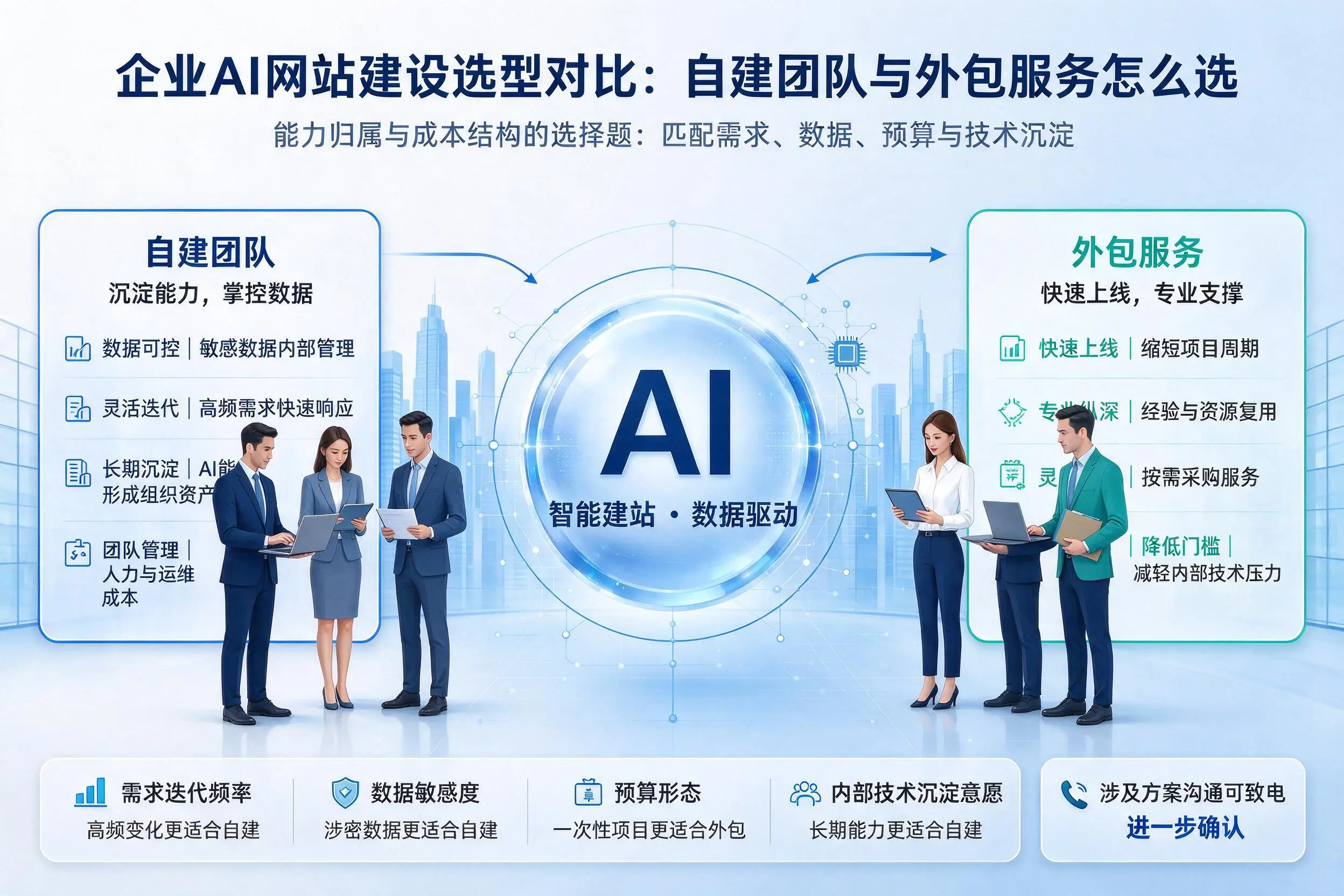 长春企业AI网站建设选型对比：自建团队与外包服务怎么选